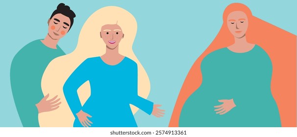 Couple with surrogate pregnant woman as in vitro fertilization concept, flat vector stock illustration with IVF