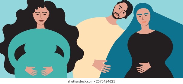 Couple with surrogate pregnant woman as in vitro fertilization concept, flat vector stock illustration as IVF concept