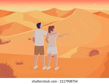 Couple surrounded by sand dunes flat color vector illustration. Winter destination. Man and woman embracing and viewing sunset 2D simple cartoon characters with desert environment on background