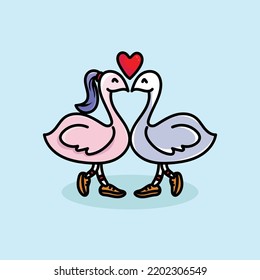 Couple Swan Character Cartoon Mascot Flat Design Cute Funny Happiness Love Kiss