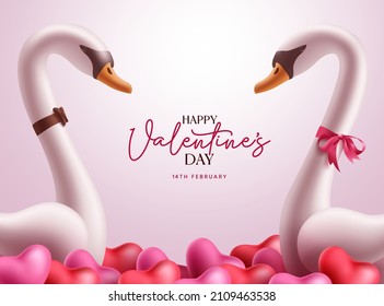 Couple swan characters vector background design. Happy valentine's day text with swan characters for hearts day celebration. Vector illustration.
