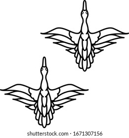 Un par de cisnes vuelan al cielo. Logo del signo de unidad en contornos