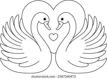 Couple of swans and heart shape, Valentine's coloring page 