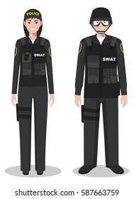 Couple of SWAT officer, policeman and policewoman standing together on white background in flat style. Police USA concept. Flat design people characters. Vector illustration.