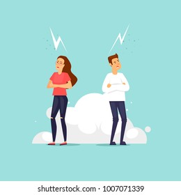 La pareja jura, peleas. Ilustración vectorial plana en estilo de caricatura.