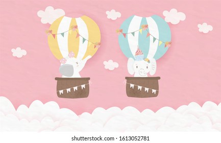 the couple of sweet and cute elephants.they are sitting on balloon.adorable cartoon character on the cloud.one of animal decorate with pink pastel bow.cup cake put on kawaii head.happy valentine day.