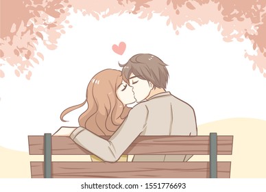 Couple sweet kissing siting bench in park romantic scenery pastel vector illustration in concepts cute kawaii anime manga style relationship   valentine in love