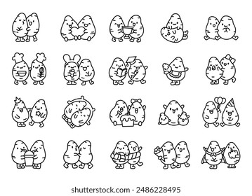 Couple sweet potato friends. Coloring Page. Funny cartoon food. Hand drawn style. Vector drawing. Collection of design elements.