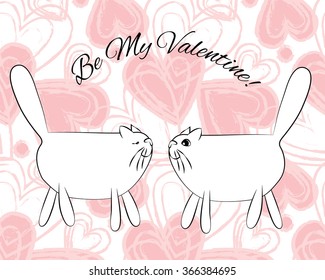 Couple of sweetheart cats. Light hearts background. Cats in love. Be my Valentine text.