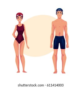Couple of swimmers, man and woman, in swimming suits, caps , cartoon vector illustration with place for text. Full length portrait of male and female swimmers in swimming suits