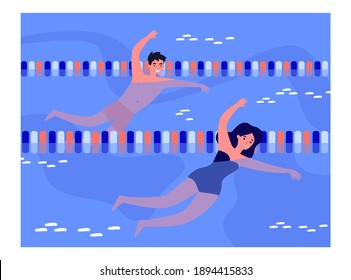 Couple swimming in pool. Competition, lanes, people in swimwear. Flat vector illustration. Sport activity, active lifestyle concept for banner, website design or landing web page