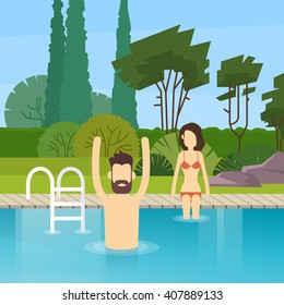 Couple In Swimming Pool Leisure Activity Flat Design Vector Illustration