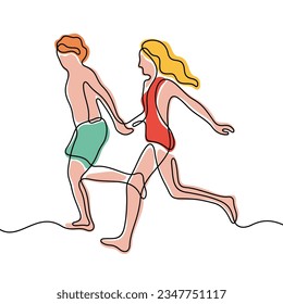 Couple in swimming suits running holding hands continuous line colourful vector illustration