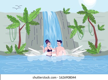 Couple swimming in waterfall flat doodle illustration. Tourists in natural hot pool. Water cascade scenery. Exotic country. Indonesia tourism 2D cartoon character with outline for commercial use