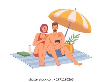 Couple in swimsuits sitting on blanket under umbrella, sunbathing on beach, making selfie on phone flat cartoon. Vector man and woman in swimsuits chilling on seashore, rest on holiday together