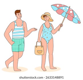 Couple in Swimwear Holding Beach Umbrella. Male Beachgoer and Cute Woman in Swimsuit and Hat. Character on summer vacation. Isolated Color hand drawing. Vector illustration