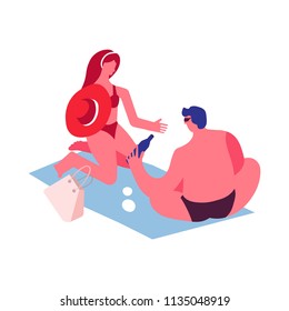 Couple in swimwear on blanket with bag and beer