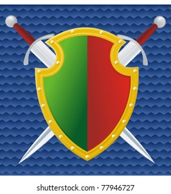 couple swords and reds shield on blue pattern
