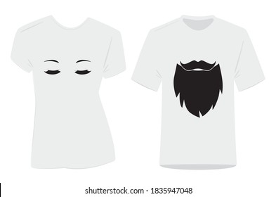 Diseño de camisetas de pareja, vector. Él y ella. Los ojos cerrados de una mujer y la ilustración de la barba del hombre. Diseño de arte creativo aislado de fondo blanco.