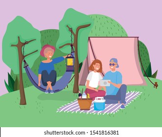 couple with tablet blanket and woman in hammock tent camping picnic vector illustration