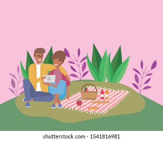 couple with tablet with food blanket picnic outdoor vector illustration