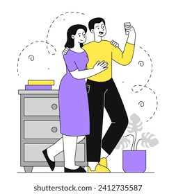 Couple take selfie linear. Man and woman with smartphone in hand make photography. Memories for family album. Love and romance. Doodle flat vector illustration isolated on white background