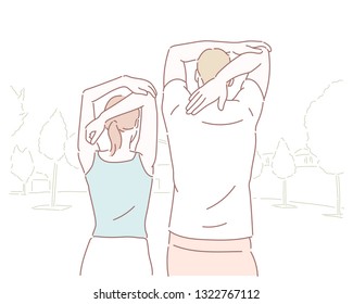 The couple take walk in the park   do shoulder stretching  Hand drawn style vector design illustrations 