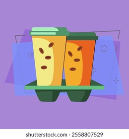 Couple of takeaway coffee cups. Yellow paper disposable cups with beans pattern and holder. Takeaway cups concept. Vector illustration can be used for topics like morning, coffee shop, coffee break