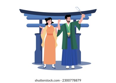 A couple takes photos with traditional costumes of the locality