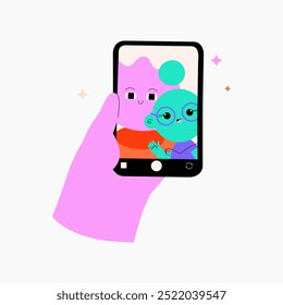 Couple takes a selfie with a smartphone, representing love, connection, and modern relationships. Ideal for social media, family, and communication themes. Flat vector illustration.