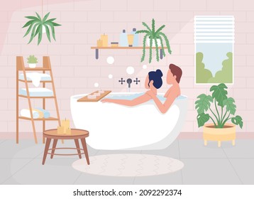 Couple taking bath flat color vector illustration. Man and woman sitting in bathtub. Hygge lifestyle. Wife and husband spending time together 2D cartoon characters with interior on background