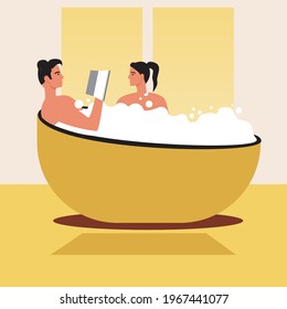 The couple is taking a bath. Flat vector stock illustration. Foam bath at home. Romantic leisure of a couple with a book. Date in the bathroom. Concept of love, hobby together. Vector graphics