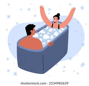 Couple taking ice bath for muscle relaxation concept. Cold water pod cryotherapy date. Flat hand drawn vector illustration isolated on white. 