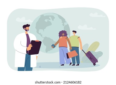 Couple taking PCR test to travel to another country. Man and woman with luggage next to doctor flat vector illustration. Medical examination concept for banner, website design or landing web page