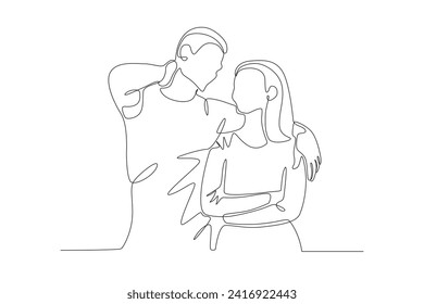 A couple taking a photo and being embraced by their boyfriend. Couple one-line drawing