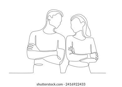 A couple taking a photo looking at each other. Couple one-line drawing