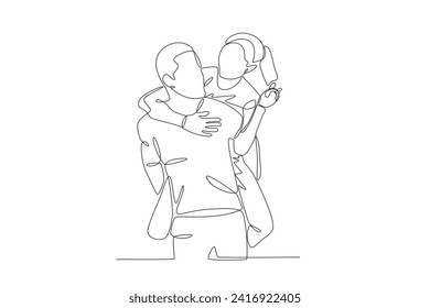 A couple taking a photo while being carried. Couple one-line drawing