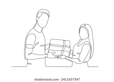 A couple taking a photo while getting a White Day gift. white day one-line drawing