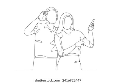 A couple taking photos in a cute style. Couple one-line drawing