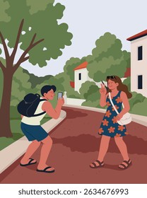 Couple taking photos at a summer vacation destination