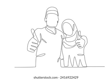 A couple taking photos and very happy. Couple one-line drawing
