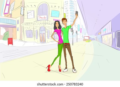 couple taking self photo picture with cell phone, woman and man happy smiling in camera street city view draw sketch shops colorful buildings, vector illustration