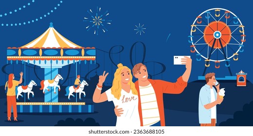 Couple taking selfie in amusement park at night in background with ferris wheel and carousel flat vector illustration