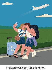 Paar mit einem Selfie vor der Abreise in den Sommerurlaub