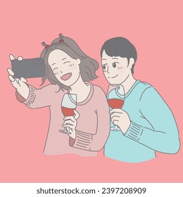una pareja se toma un selfie con una botella de vino