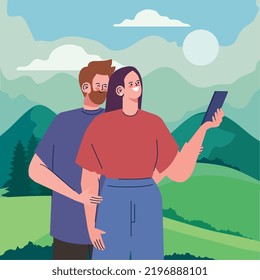 couple taking a selfie in camp. 3D Illustration