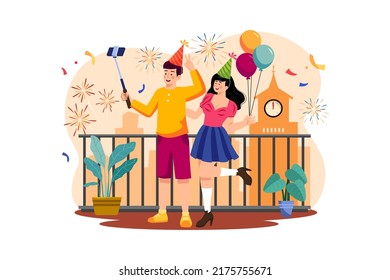 Couple taking a selfie to celebrate new year's eve Illustration concept. Flat illustration isolated on white background