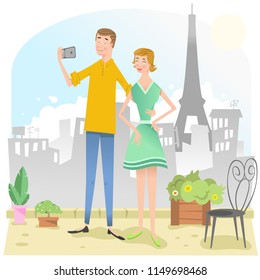 Couple taking selfie with cell phone on rooftop in Paris with Eiffel tower (vector illustration)