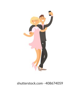 Couple Taking Selfie Childish Style Flat Vector Drawing On White Background