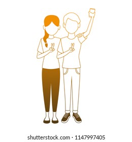 Couple taking a selfie faceless orange lines